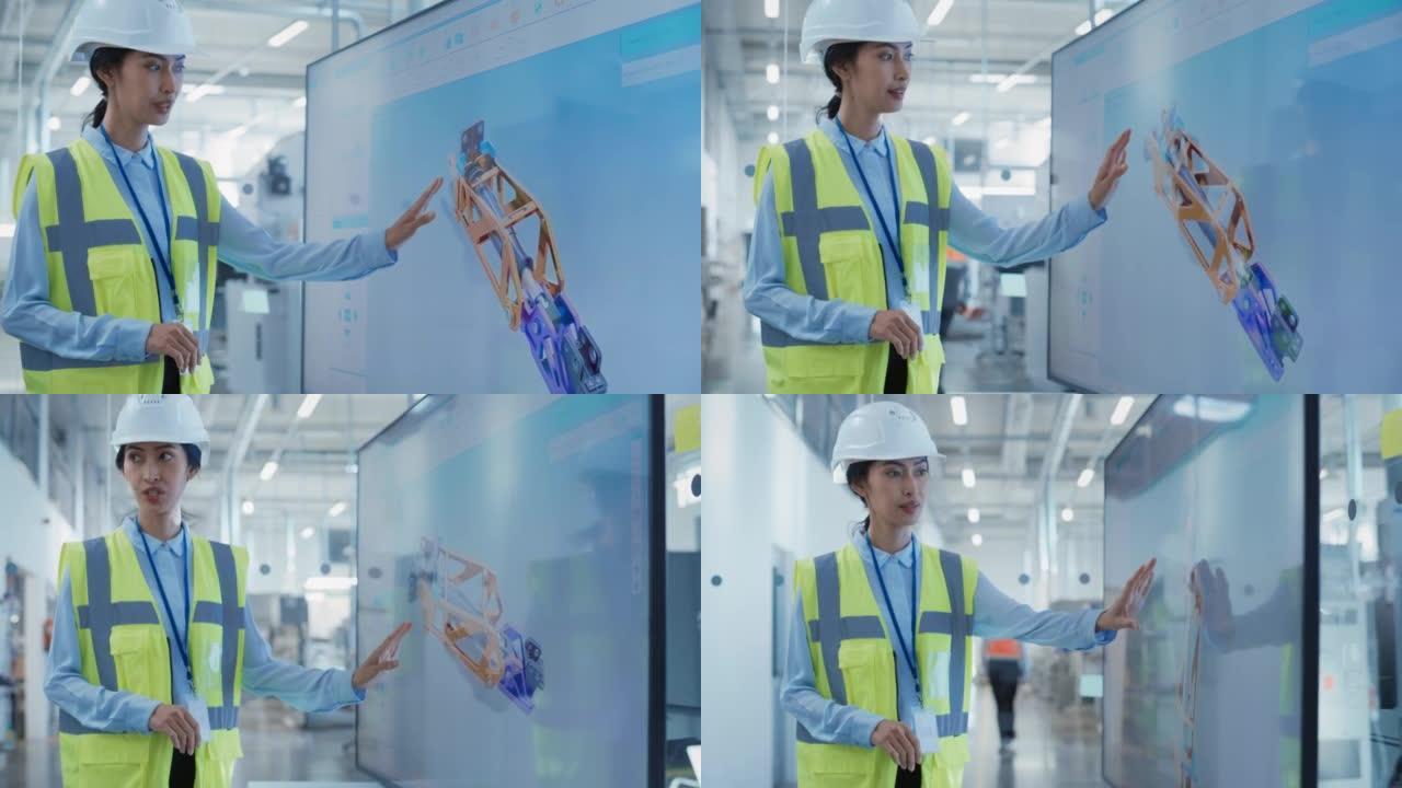 工厂办公室会议: 女总工程师在带电视的会议室向总经理展示重工业液压零件生产的视频演示。在屏幕上显示3