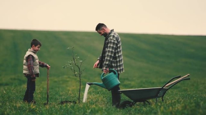 父亲和他的小儿子给一棵树浇水。慢动作
