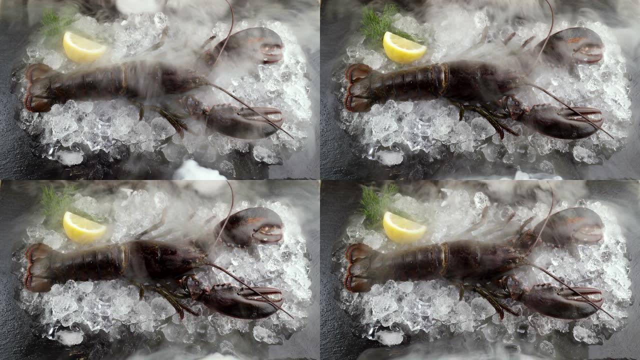 4K UHD: 将加拿大生龙虾与柠檬和莳萝放在黑色盘子上的冷冻冰上，并带有冷冻的冰冷烟雾。新鲜豪华海