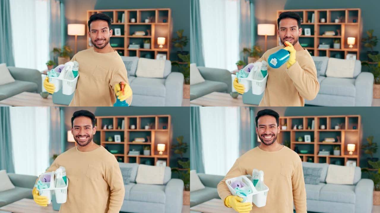 有趣的年轻人打扫他的房子，玩得很开心。在清洁广告中表演的家伙，笑着，用干净的设备微笑。男性在家庆祝他
