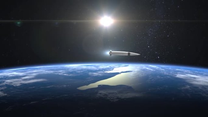 一枚核高超音速导弹飞越地球。火箭向右飞，然后移开。从太空看。高超音速武器。核战争。4K. 3D动画。