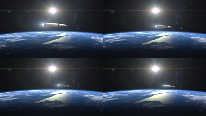 一枚核高超音速导弹飞越地球。火箭向右飞，然后移开。从太空看。高超音速武器。核战争。4K. 3D动画。