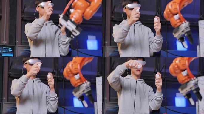 一个未来主义的假肢机器人手臂，由一个亚洲少年男孩戴着虚拟现实耳机和操纵杆，在一个深夜工作的工作室里给