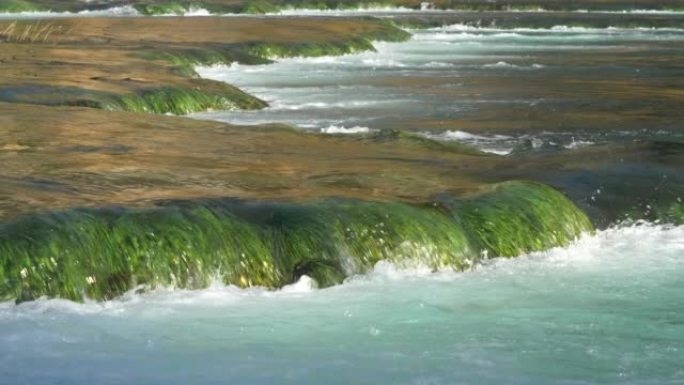特写: 克尔卡河溢出绿色杂草丛生的瀑布的详细视图