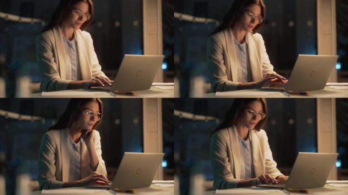 晚上在公司办公室工作的漂亮女性在笔记本电脑上工作。年轻的秘书分析报告。营销助理为客户制定营销策略。电