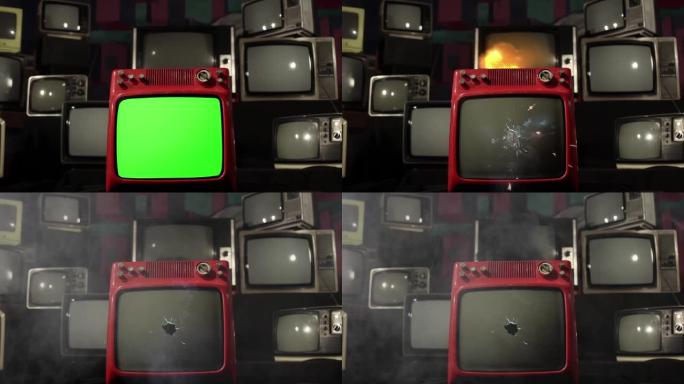绿屏缩小，旧电视在许多复古电视之间被拍摄或爆炸。4K。