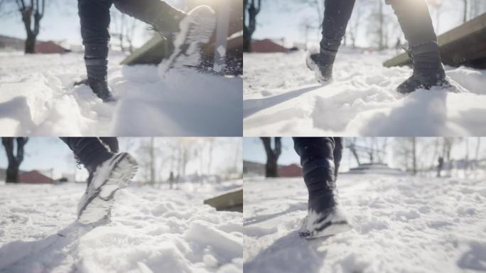 在户外健身房的雪地里散步