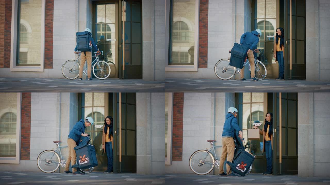 快乐的送餐男子穿着保暖背包骑自行车向一位美丽的女性顾客运送餐厅订单。Courier在现代城市地区办公
