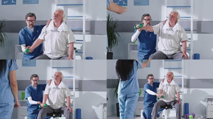 康复治疗师帮助老年患者用哑铃锻炼
