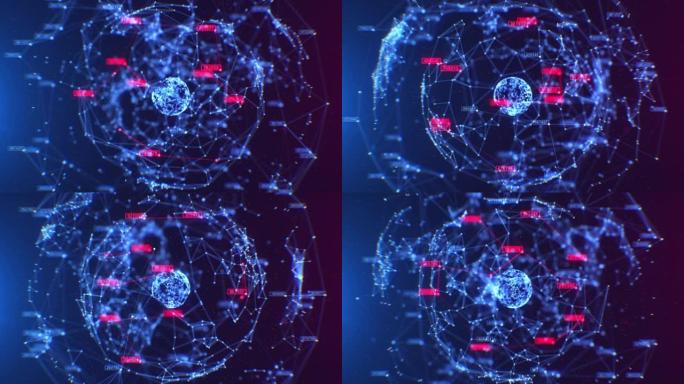 美丽的抽象网格球体和数字旋转无缝。网络全息图特写视图蓝色的循环3d动画。科技概念。