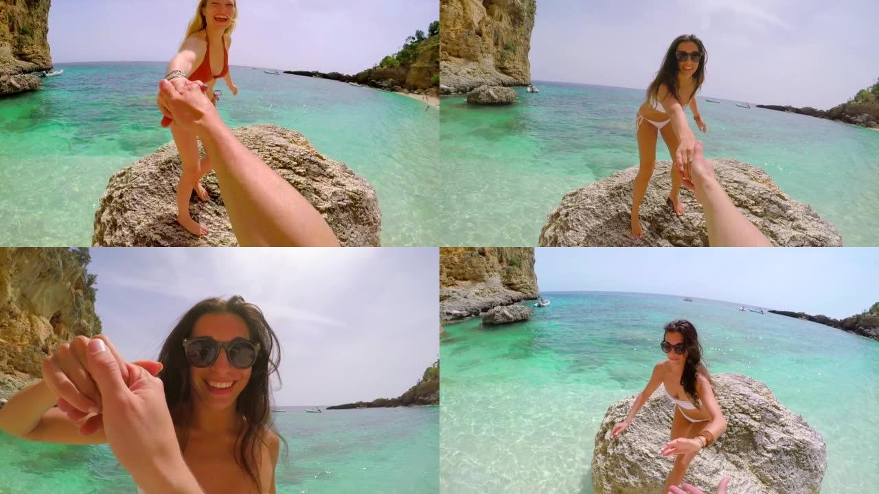 两名迷人的年轻女性在意大利度假期间在海滩上结为纽带的4k视频片段
