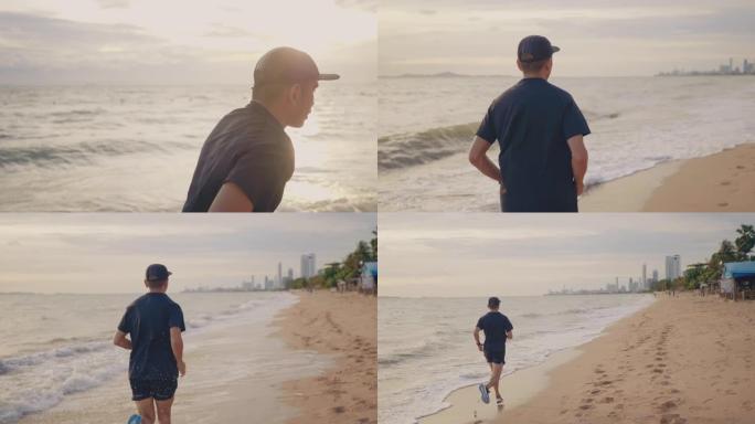 穿着慢跑的男人。海边跑步晨练