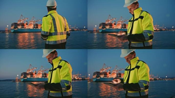 工程师，戴着警告背心和头盔的人晚上站在港口，看着集装箱船并使用数字平板电脑