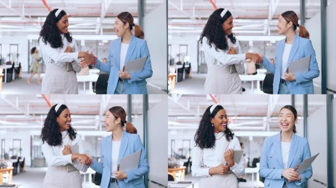 商务女性，握手和欢迎，介绍并在办公室里向新实习生问好。快乐、兴奋和多元化的员工握手寻求支持、团队合作