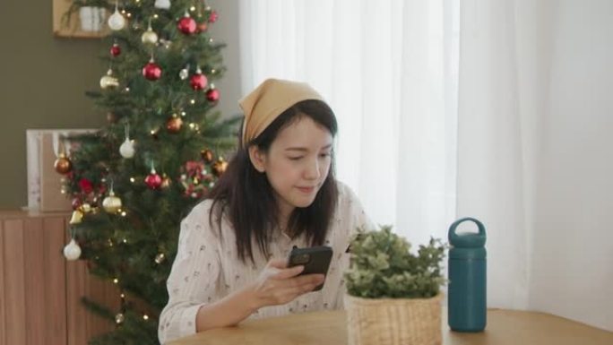 年轻女子在网上购物过圣诞节。