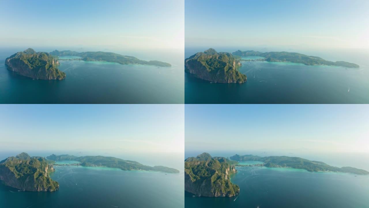 空中无人机视图hyperlapse-早晨海洋中热带岛屿的延时.4k自然/野生动物/天气概念。