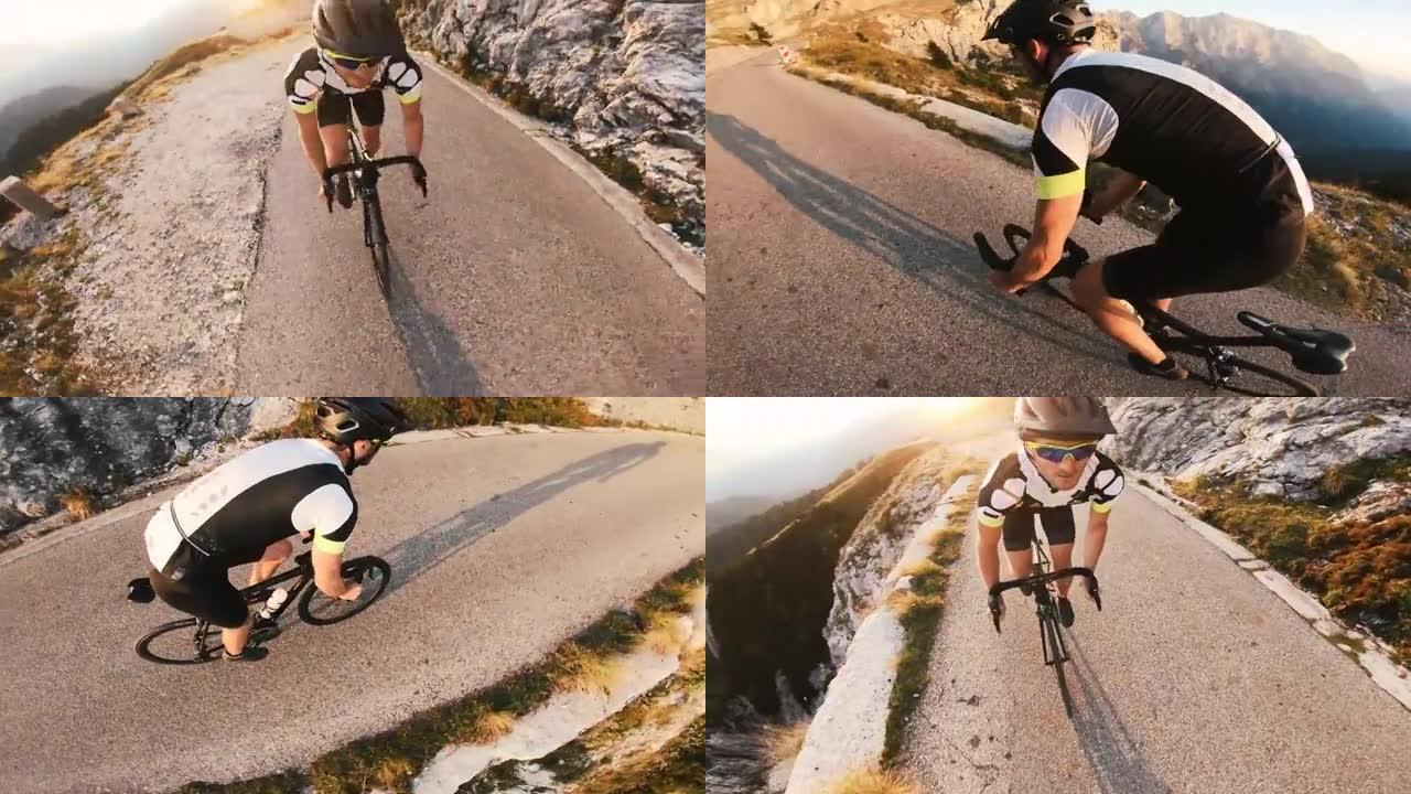 在风景秀丽的路线上骑自行车，背景是山脉，日落时，动作镜头