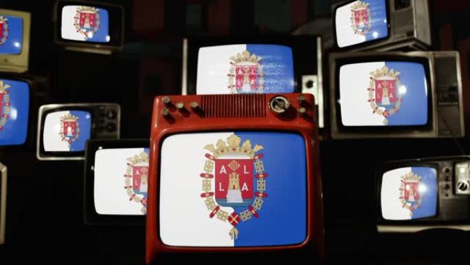 西班牙阿利坎特和老式电视的旗帜。