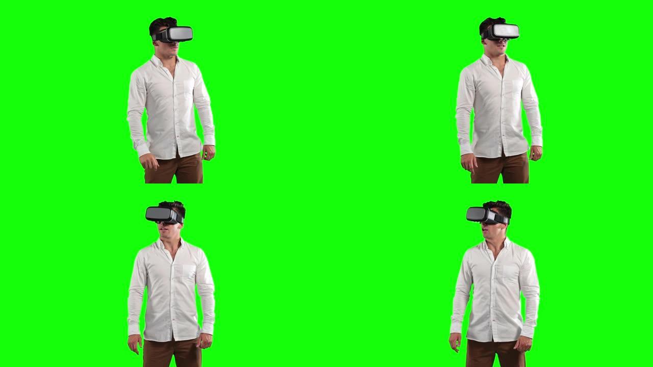 在绿色背景中戴着3D护目镜的白人男子的动画