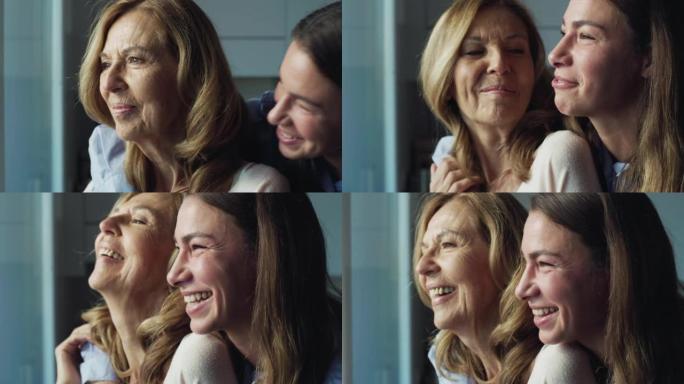电影拍摄的快乐孙女给祖母以情感的拥抱，以示爱与尊重，同时透过窗户看家里。概念: 生活，祖父母，世代，