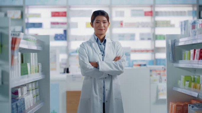 药房药店: 美丽的亚洲药剂师穿着白色外套，双臂交叉站着，看着相机，迷人地微笑。货架上摆满了药品、保健