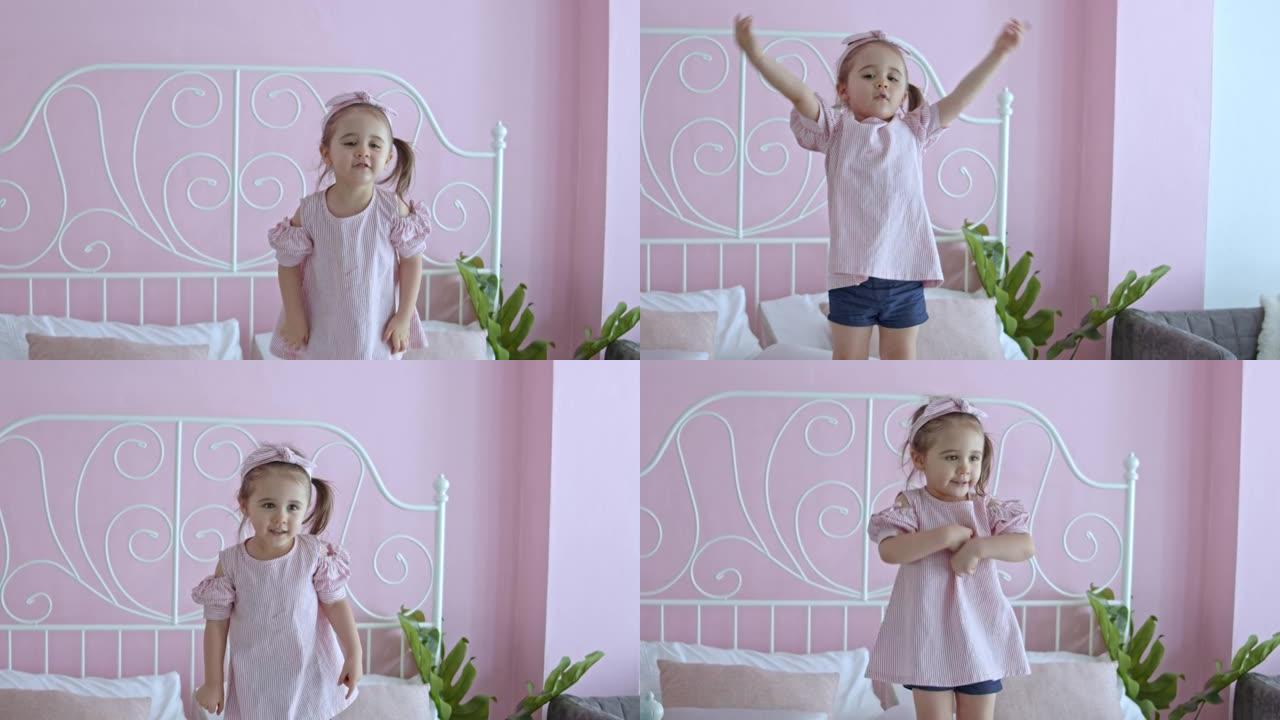 女婴在床上跳舞唱歌，慢动作