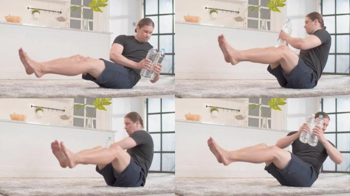 男人在家里做锻炼运动，在没有传统设备的情况下在家锻炼