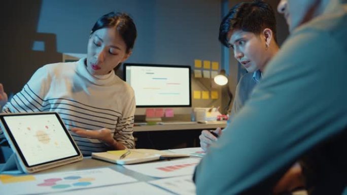 亚洲商人会议计划分析统计集思广益和团队标题保持平板电脑点图表，员工在现代家庭办公室之夜注意。