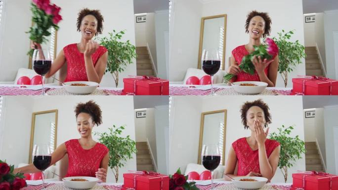 情人节约会视频通话中的快乐混血女人，手持鲜花