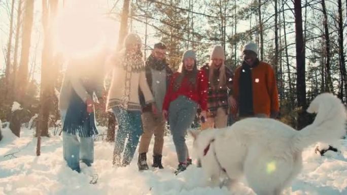 冬季乐趣。一群快乐有趣的多民族朋友玩雪，大白狗跳上森林徒步慢动作。