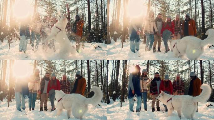 冬季乐趣。一群快乐有趣的多民族朋友玩雪，大白狗跳上森林徒步慢动作。