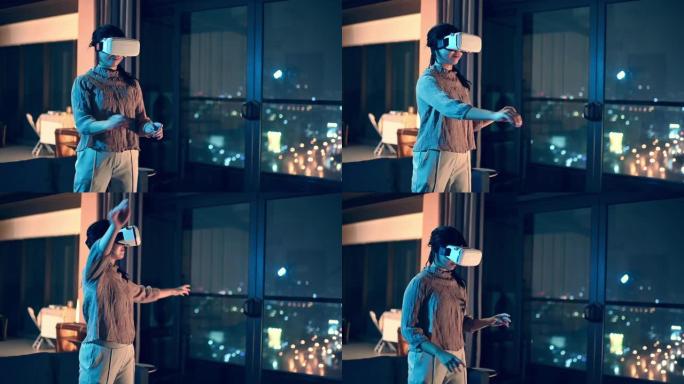 一位亚洲华裔少女戴上VR护目镜，在客厅体验3D虚拟游戏体验