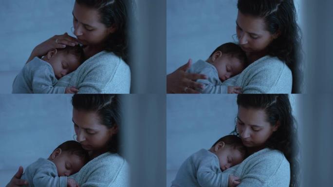 母亲抱着睡觉的婴儿平静疲惫的新生儿温柔舒缓婴儿养育孩子慈爱的妈妈享受母亲