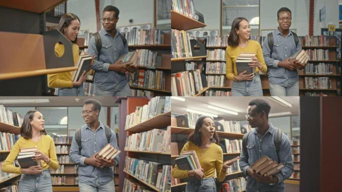 多样化的研究合作伙伴在图书馆开会，共同从事一个项目。图书馆的快乐朋友。