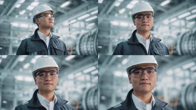 穿着安全制服，眼镜和安全帽的专业亚洲重工业工程师/工人的肖像。自信的中国工业专家站在工厂里。