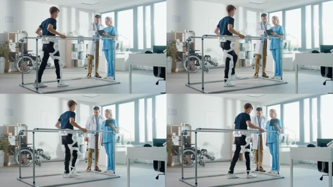 现代医院高科技物理治疗: 背部受伤的患者穿着先进的机器人外骨骼行走。物理治疗师，康复医生科学家协助，
