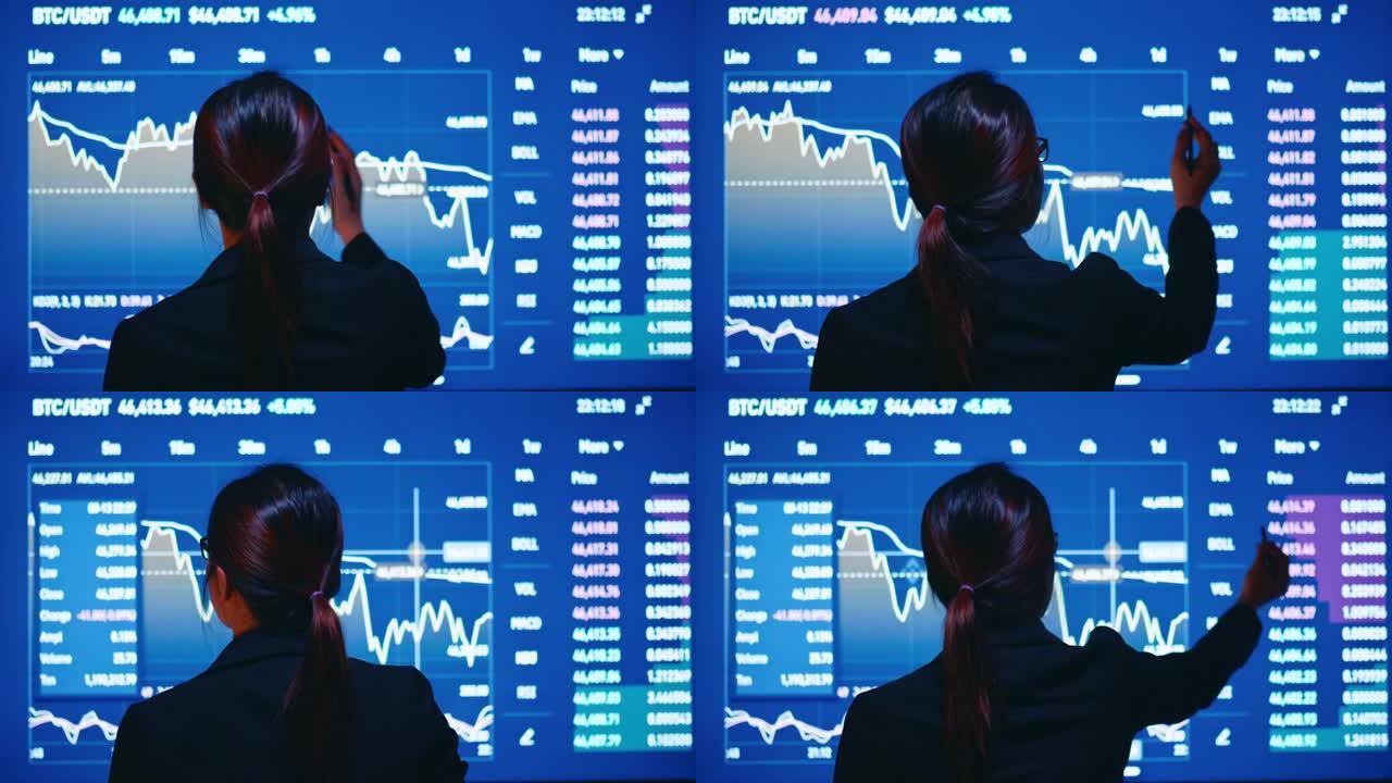 商业女性使用手势股票市场，交互式屏幕数据分析股票市场