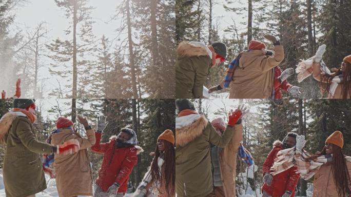 和雪一起玩的朋友欧美夫妻两对情侣玩雪玩耍