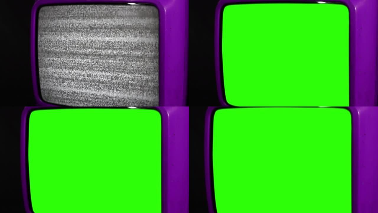旧紫色电视打开带有静电噪音的绿色屏幕。特写。