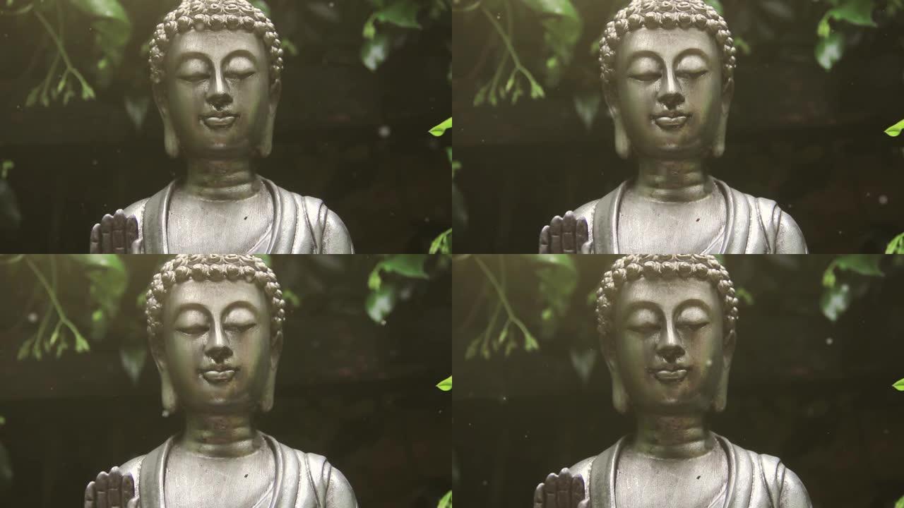 禅宗花园里的佛像。特写。4K。