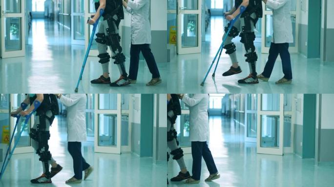 医生正在帮助病人穿着外衣走路