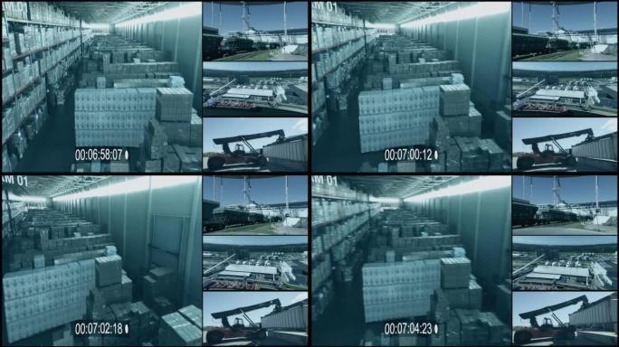 在港口监控中心监视闭路电视录像，屏幕上有多个摄像头。工业4.0现代化仓库与高科技安防中心。计算机显示