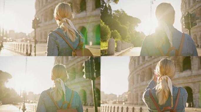 SLO MO女游客在罗马斗兽场散步时使用手机拍照