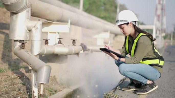 女工程师检查炼油厂工业现场的状况