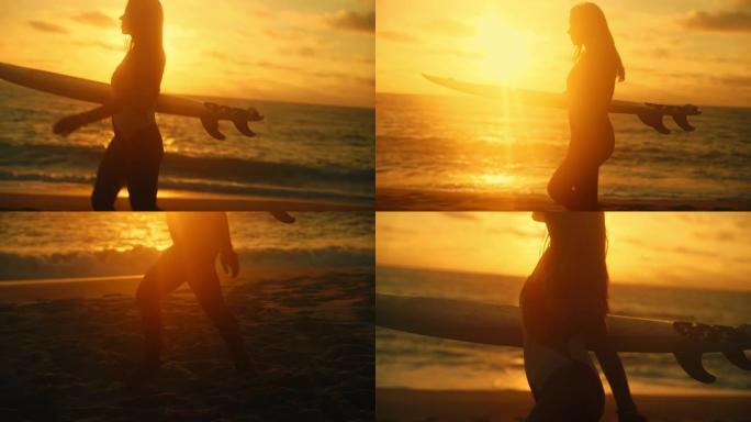 长发的年轻女子在日落时在岸上行走，手臂下背着冲浪板