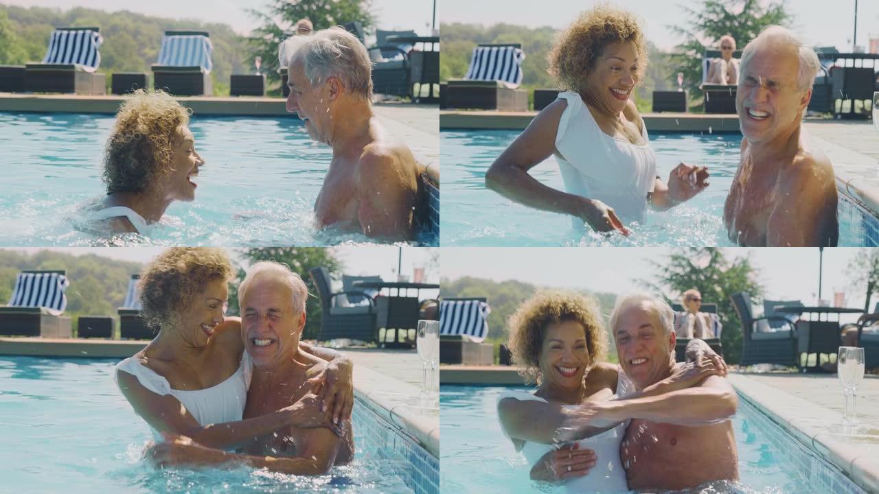 退休的高级夫妇暑假在游泳池里放松，互相泼水