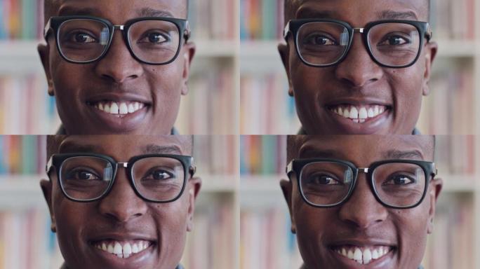 男人，微笑和戴着眼镜的脸的宏观肖像，在图书馆或书店里，与作者或图书管理员在一起。黑人，快乐和放大芝加