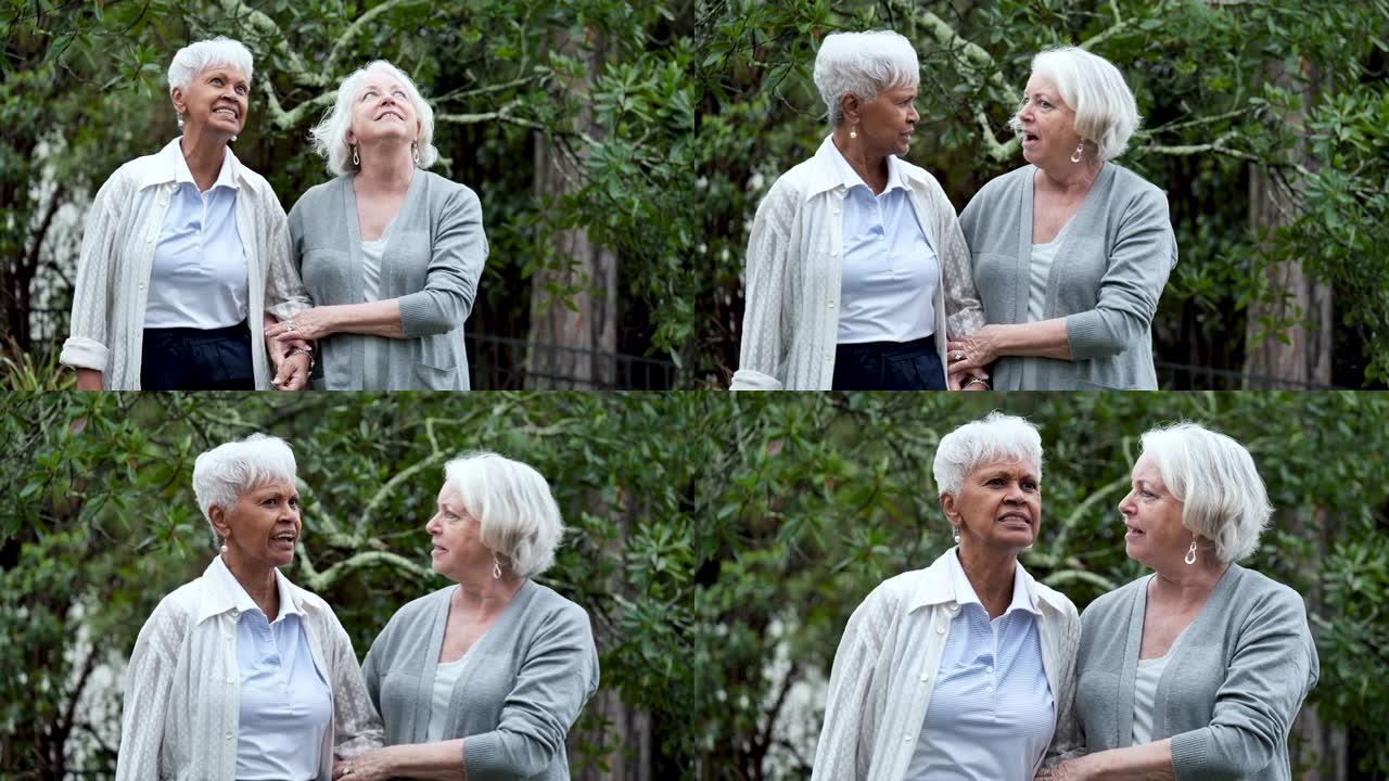 老年妇女在后院散步，聊天
