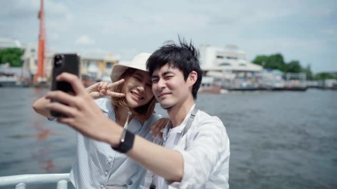 年轻的浪漫情侣一起在泰国地标曼谷旅行