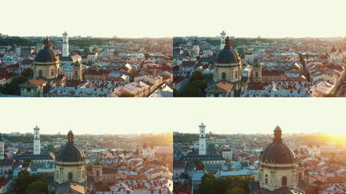 雄伟的空中全景，夏天的太阳落在利沃夫的城市景观与旧市政厅建筑和多米尼加大教堂。